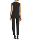 Sleeveless Jewel-Neck Embellished Silk Blouse, Blanc