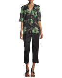 Half-Sleeve Ruffle-Front Printed Blouse, Moss