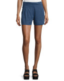 Solid Linen-Blend Shorts, Blue Marine