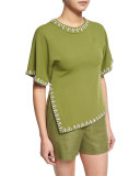 Embellished Short-Sleeve Cady Top, Hills
