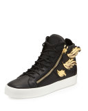 Men's Leather High-Top Sneaker with Golden Wings, Black