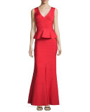 Sleeveless V-Neck Peplum Gown, Coral Poppy