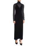 Velour Ribbed-Trim Maxi Slip Dress, Navy