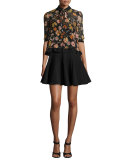 Floral Half-Sleeve Tie-Neck Blouse, Black