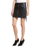 Laced Paneled Leather Mini Skirt, Black