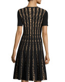 Short-Sleeve Leopard Birdseye Jacquard A-Line Dress, Black/Zoe Beige