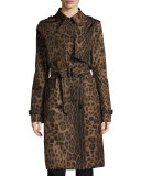 Double-Breasted Leopard-Print Midi Trenchcoat, Brown