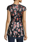 Cap-Sleeve Raised-Floral Peplum Blouse, Cranberry