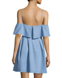 Cold-Shoulder Chambray Mini Dress, Light Blue