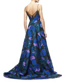 Sleeveless Leaf-Print Fil Coupe Gown, Lapis/Multi