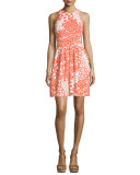 Sleeveless Floral-Print Dress, Coral