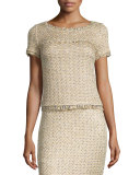 Raffia-Knit Short-Sleeve Top, Gold/Multi