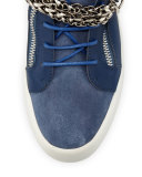 Men's Suede & Leather Mid-Top Sneaker w/Chain Link Strap, Blue