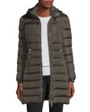 Orophin Long Puffer Coat w/Leather Trim, Olive