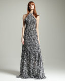 Halter-Neck Racerback Printed Gown, Black/White