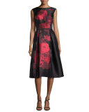 Cap-Sleeve Boat-Neck Floral Cocktail Dress