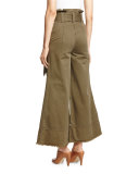 Serge Belted Wide-Leg Cropped Trousers, Olive