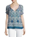 Masha Printed Short-Sleeve Silk Top, Blue