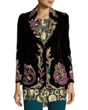 Embroidered Velvet One-Button Blazer, Black Pattern