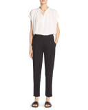 Band-Collar Stretch-Silk Pintuck-Placket Blouse