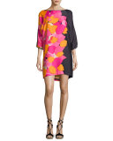 Floral 3/4-Sleeve Shift Dress, Dark Purple