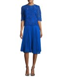 Lace & Pleated Chiffon Cocktail Dress, Blue