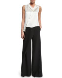 Draped-Front Wide-Leg Pants, Black