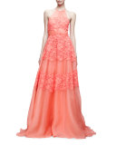 Halter-Neck Floral-Corded Gown, Pink/Multi