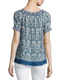 Masha Printed Short-Sleeve Silk Top, Blue