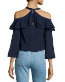 Layla Cold-Shoulder Ruffle Blouse, Navy