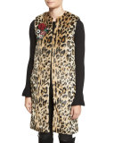 Jade Leopard-Print Faux-Fur Vest w/Floral Pins