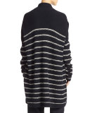 Plush Striped Long Cardigan, Blue/White
