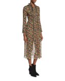 Long Ruffled Tie-Neck Floral-Print Silk Dress, Black/Multi