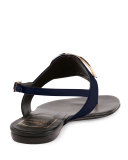 Round-Buckle Flat Leather Thong Sandal, Navy