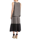 Colorblock Tiered Linen Petticoat Skirt, Black/Elephant