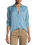Long-Sleeve Split-Neck Silk-Blend Blouse