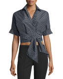 Short-Sleeve Windowpane Wrap Blouse, Black/White