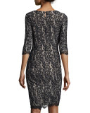 Half-Sleeve Lace Sheath Dress, Black