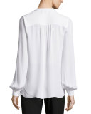 Flori Long-Sleeve Ruffled Silk Blouse, White