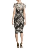 Short-Sleeve Floral Mesh Sheath Dress, Multicolor