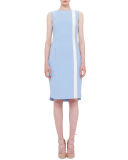 Sleeveless Contrast-Stripe Sheath Dress, Sky Blue/Cream