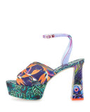 Effie Tropical-Print Platform Sandal, Navy/Green