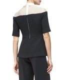 Half-Sleeve Organza-Inset Peplum Top, Black/Ivory