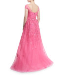 Cap-Sleeve Embellished Ball Gown, Shocking Pink