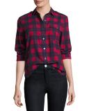 Long-Sleeve Flannel Plaid Button-Front Blouse, Hollyberry/Midnight