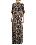 Cape-Sleeve Printed Caftan Maxi Dress, Etch Print