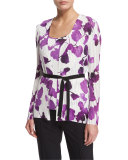 Long-Sleeve Orchid-Print Belted Cardigan, Multi Colors