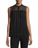Danae Sleeveless Lace-Trim Silk Blouse, Black