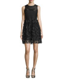 Sleeveless Mesh-Striped Combo Fit-&-Flare Dress, Black