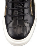 Crocodile-Print High-Top Sneaker, Nero